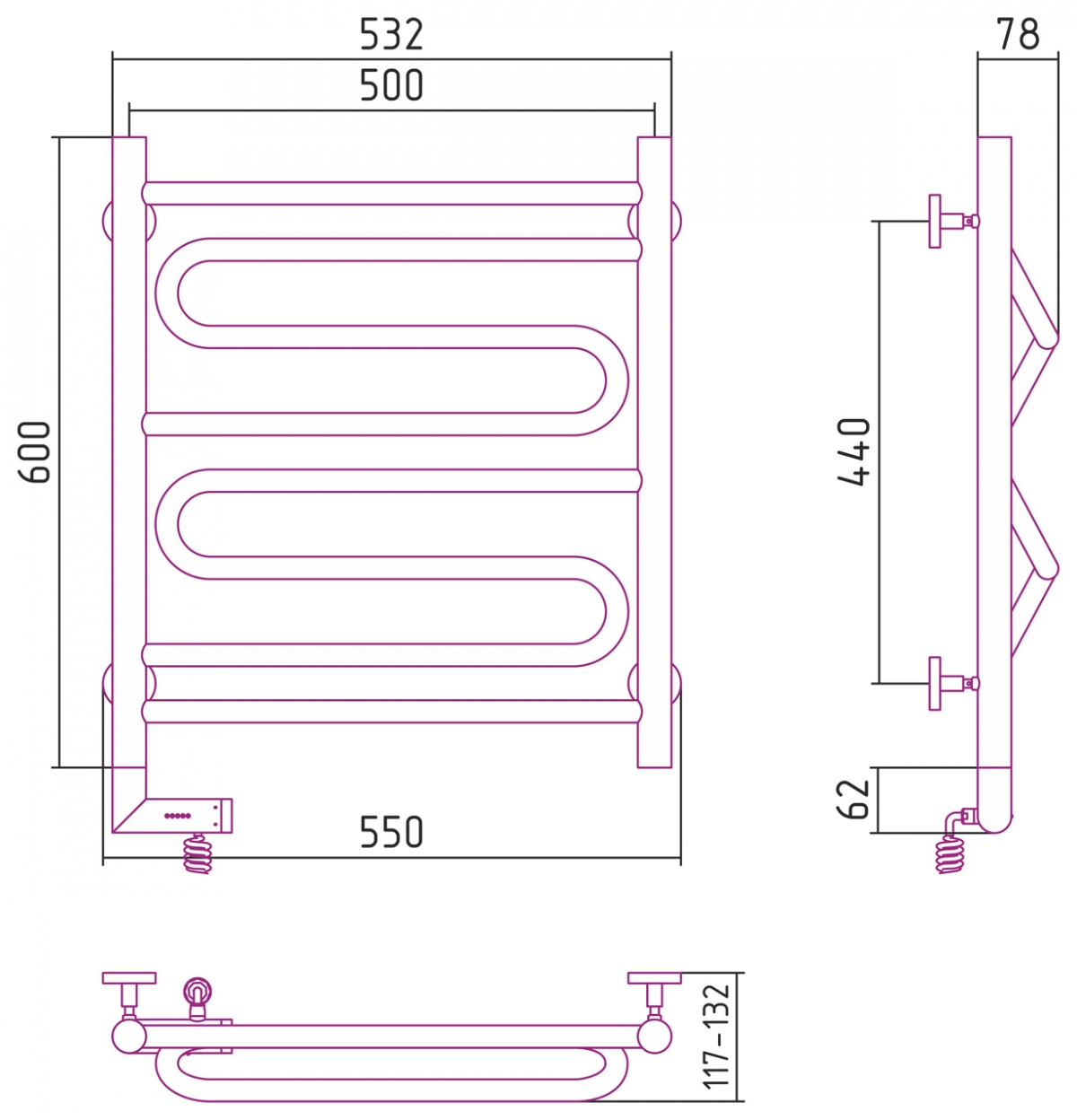 Полотенцесушитель электрический Сунержа Элегия 2.0 600x500